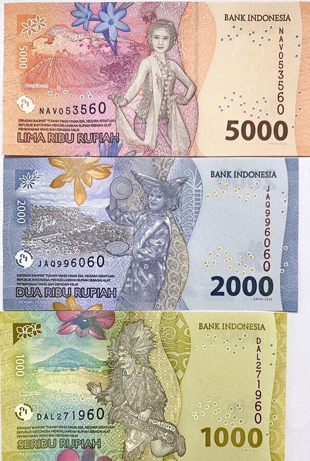 Indonesia Set 3 UNC 1000 2000 5000 Rupiah P NEW 2022