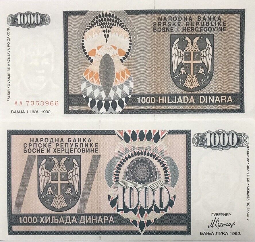 BOSNIA 1000 DINARA 1992 P 137 UNC
