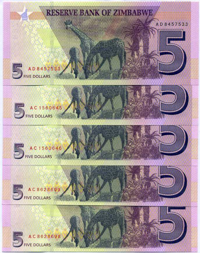 Zimbabwe 5 Dollars 2019 P 102 UNC LOT 5 PCS
