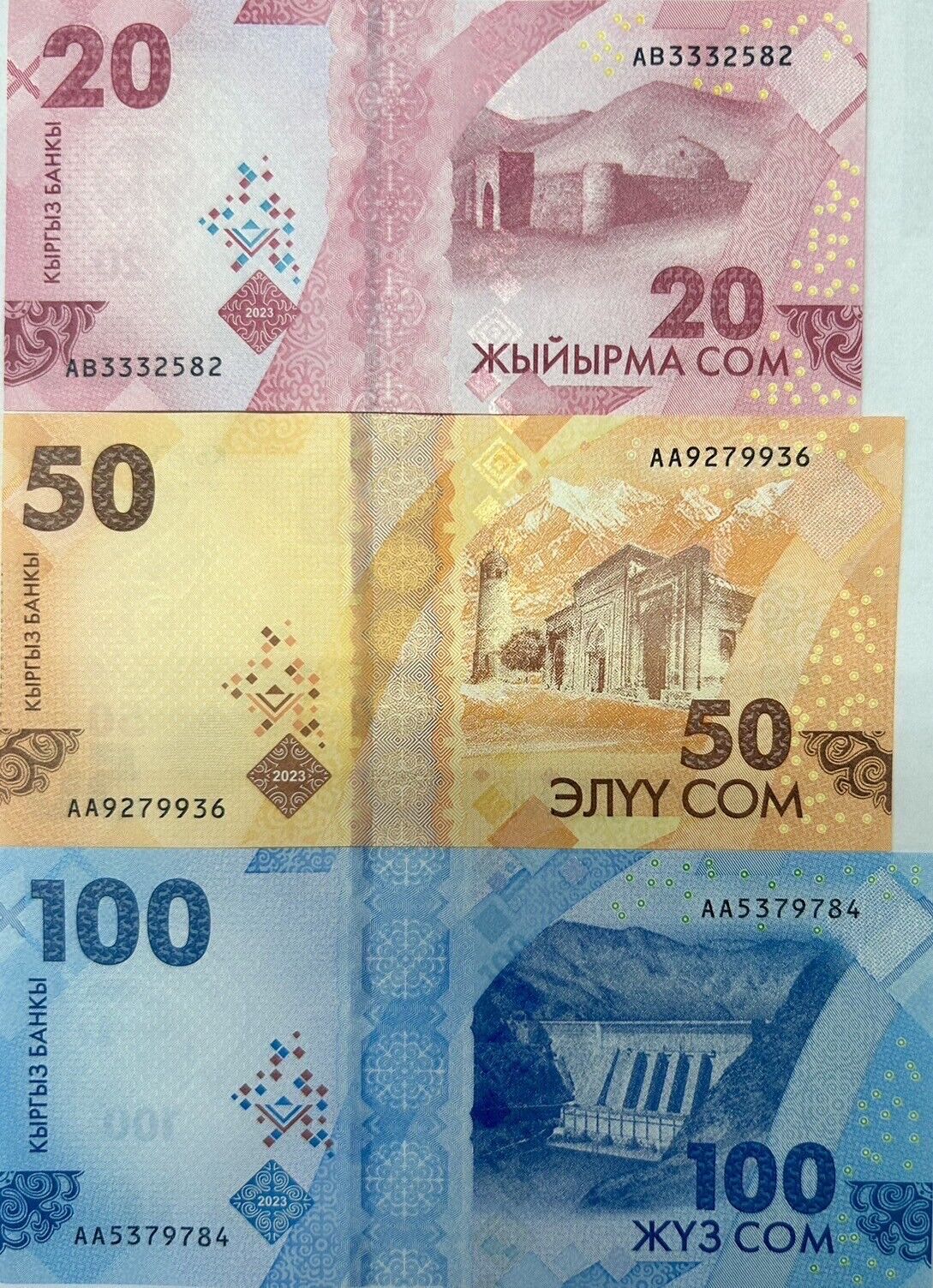 Kyrgyzstan set 3 UNC 20 50 100 Som 2023 / 2024 P NEW design Colorful
