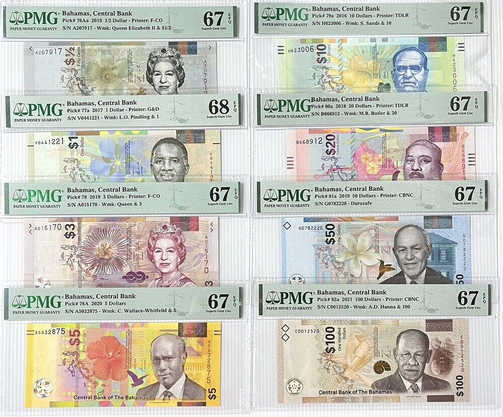 Bahamas Set 8; 1/2 1 3 5 10-100 D. 2016-21 P76Aa -P82 Superb Gem UNC PMG 67 68