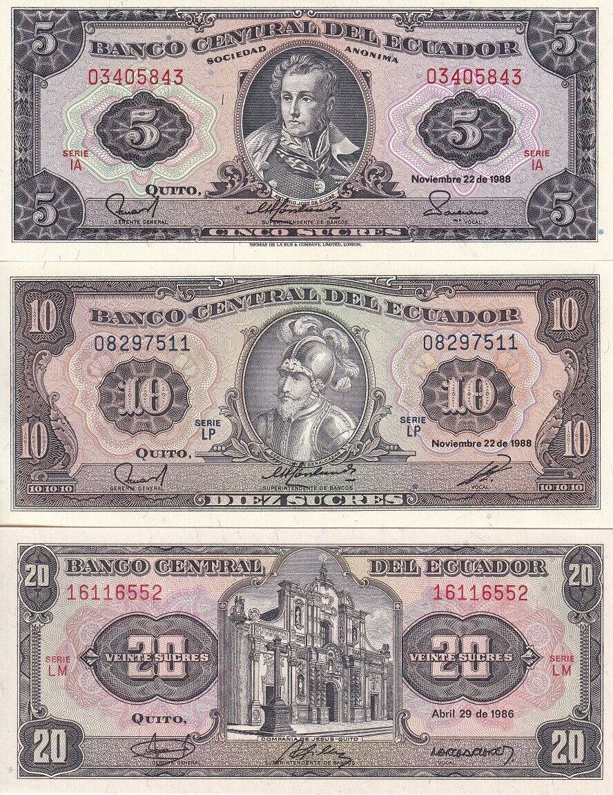 Ecuador Set 3 Pcs 5 10 20 Sucres 1986 - 1998 P 113d P 121 P 121A UNC