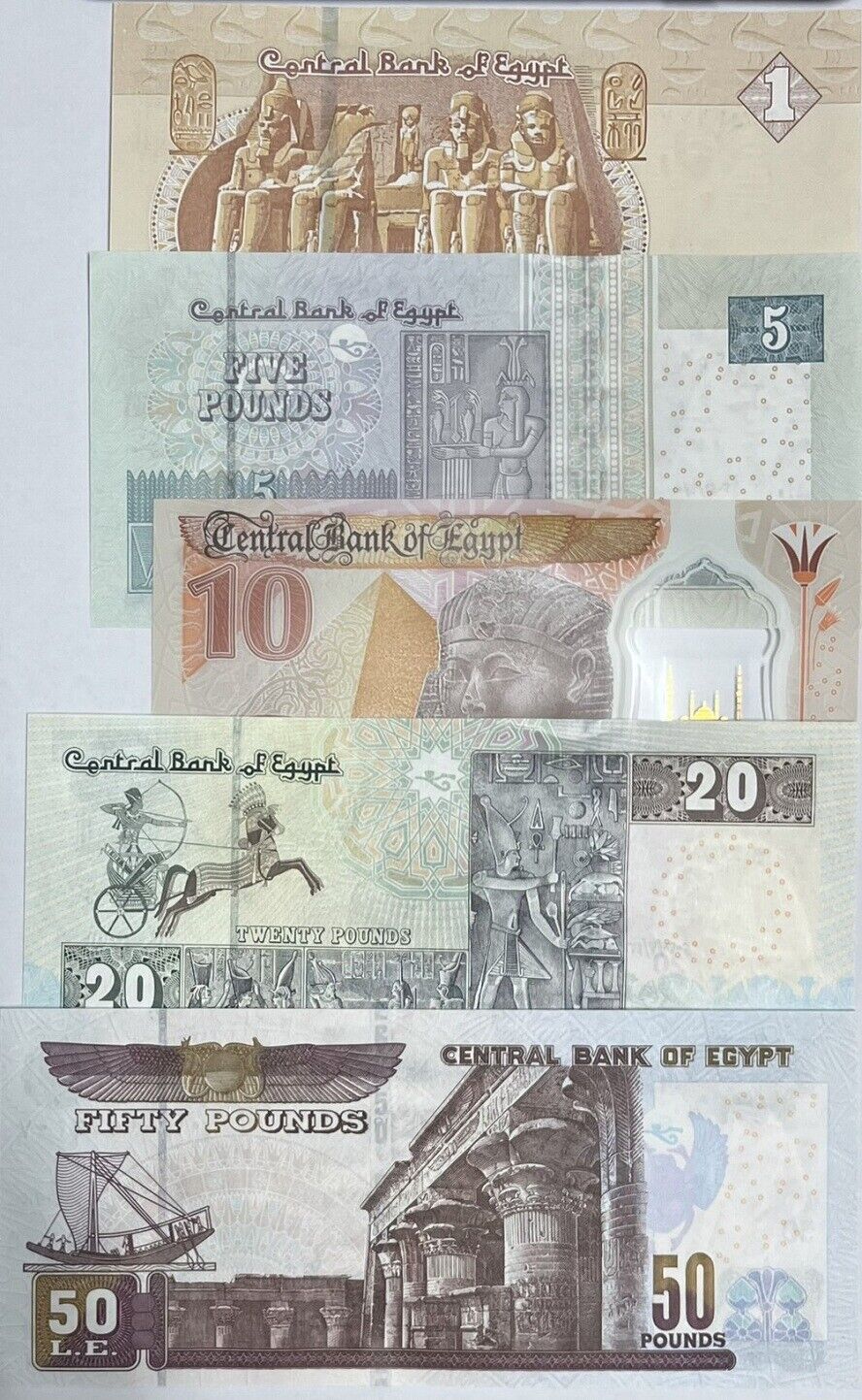 Egypt Set 5 Pcs 1 5 10 20 50 Pounds 2020 - 2022 P 71 P 72 P 74 P 75 P 81 UNC