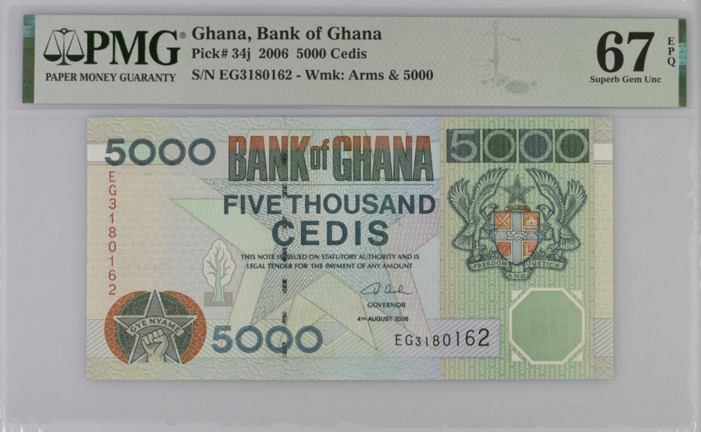 Ghana 5000 Cedis 2006 P 34 j Superb Gem UNC PMG 67 EPQ Top Pop