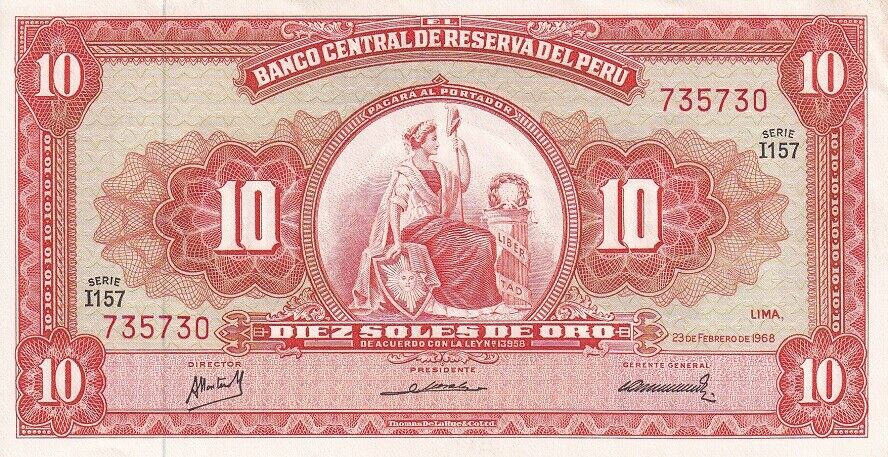 Peru 10 Soles De Oro 1968 P 84 a UNC