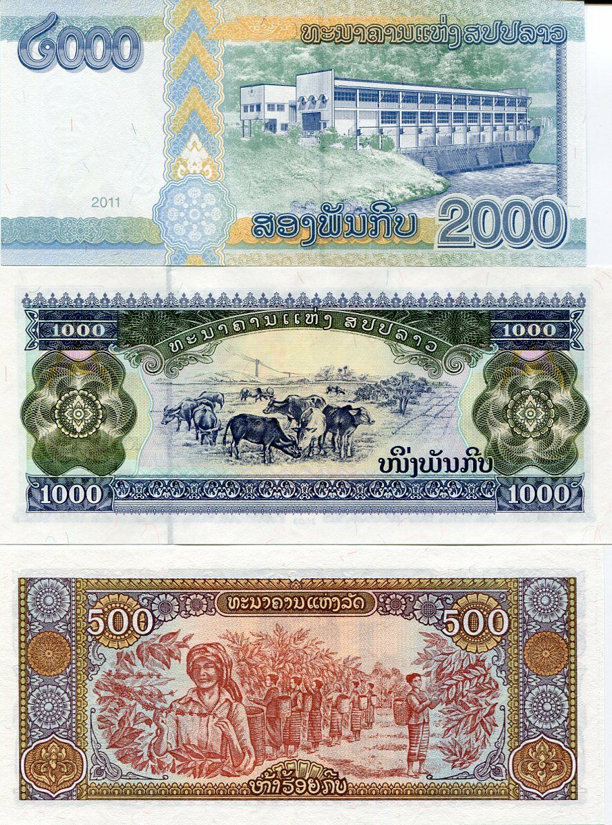 Laos Set 3 Pcs 500 1000 2000 KIP Random Date P 31 32 41 UNC