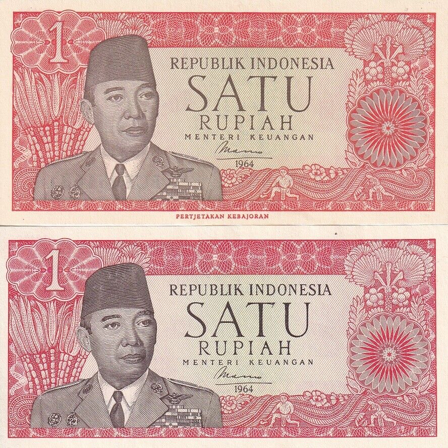 Indonesia SET 2 UNC 1 Rupiah 1964 Sukarno P 80 a and b W + W/O Printer name