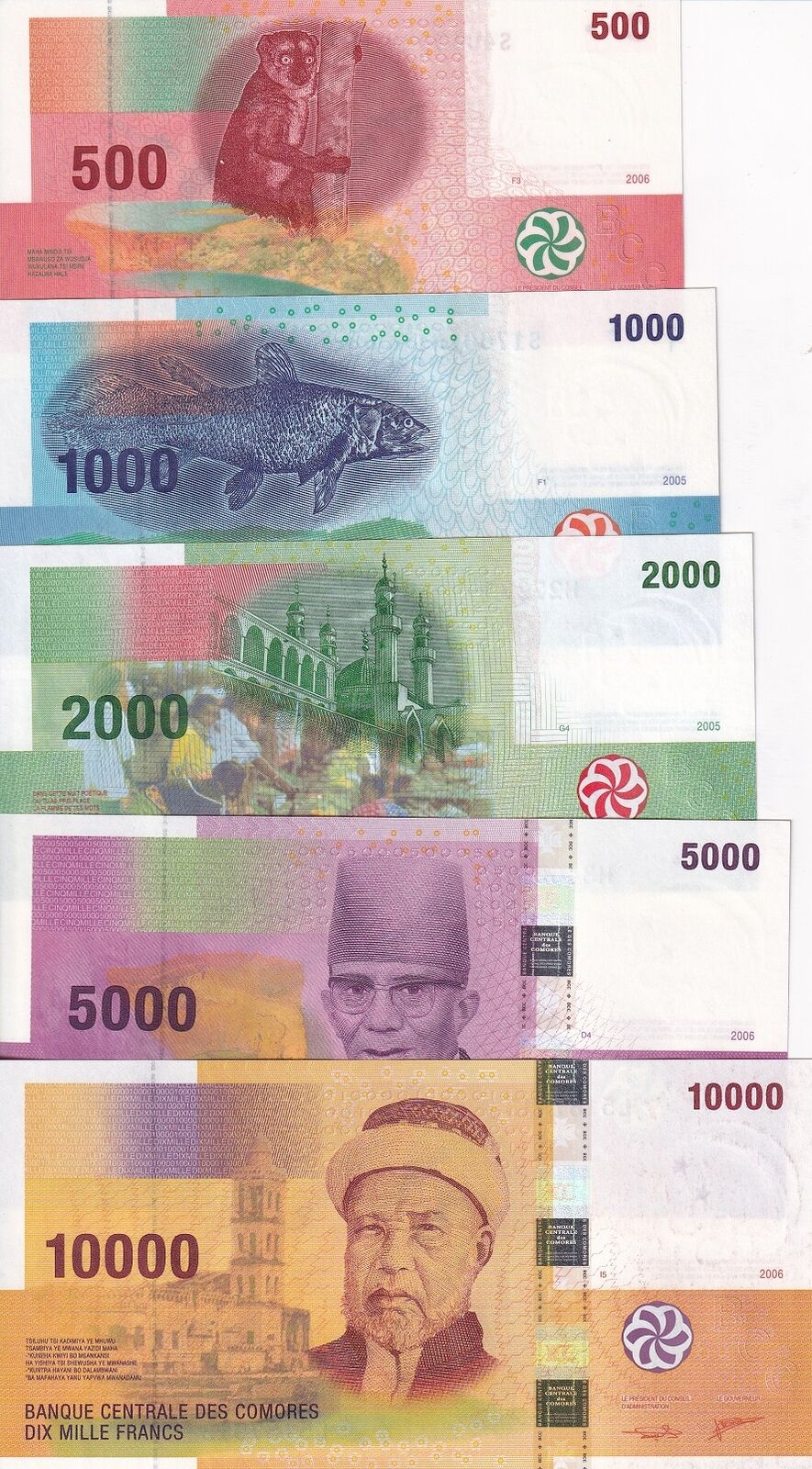 Comoros Set 5 UNC 500 1000 - 10000 Francs 2006/2020 P 15 P 16 P 17 P 18 P 19