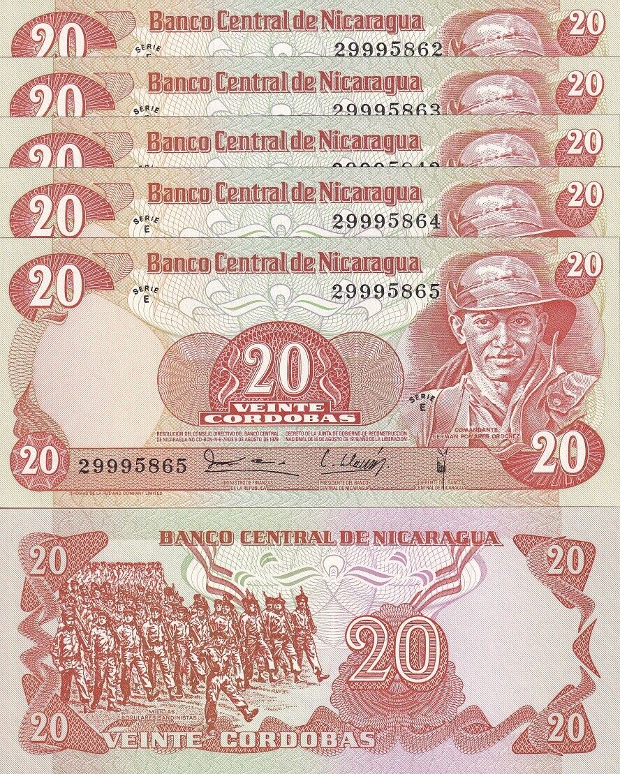 Nicaragua 20 Cordobas 1979 P 135 UNC LOT 5 PCS
