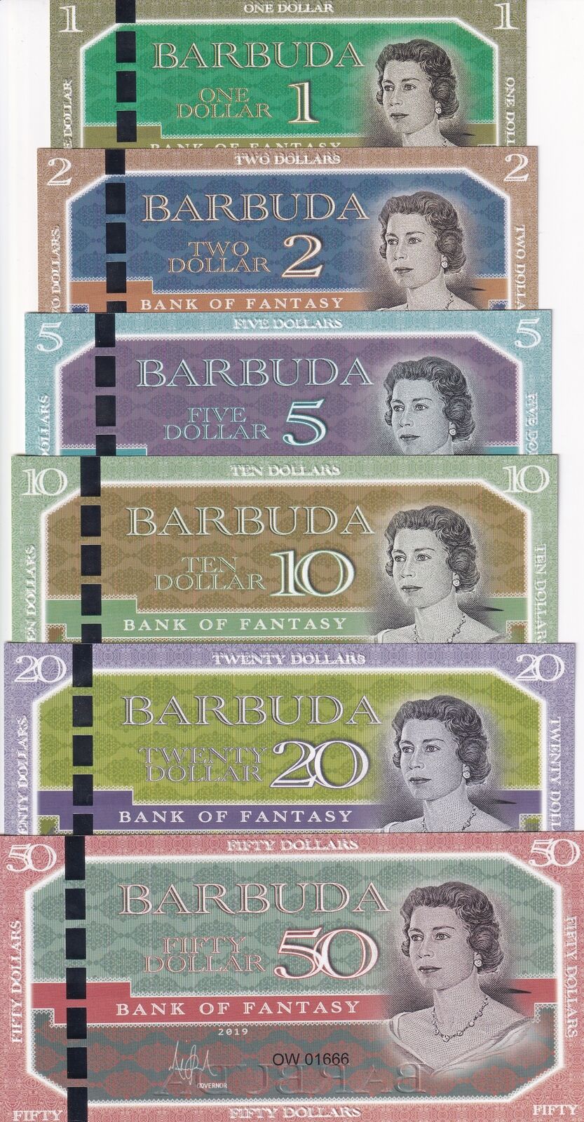Barbuda Set 6 1 2 5 10 20 50 Dollars 2019 QEII Hybric Polymer FANTASY