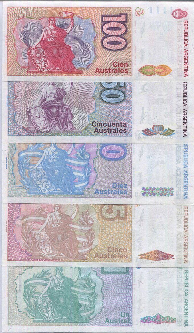 ARGENTINA SET 5 PCS 1 5 10 50 100 AUSTRAL 1998 P 323 324 325 326 327 UNC