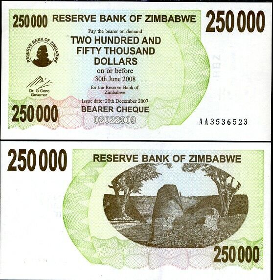 Zimbabwe 250000 Dollars Bearer Cheque 2007 P 50 UNC