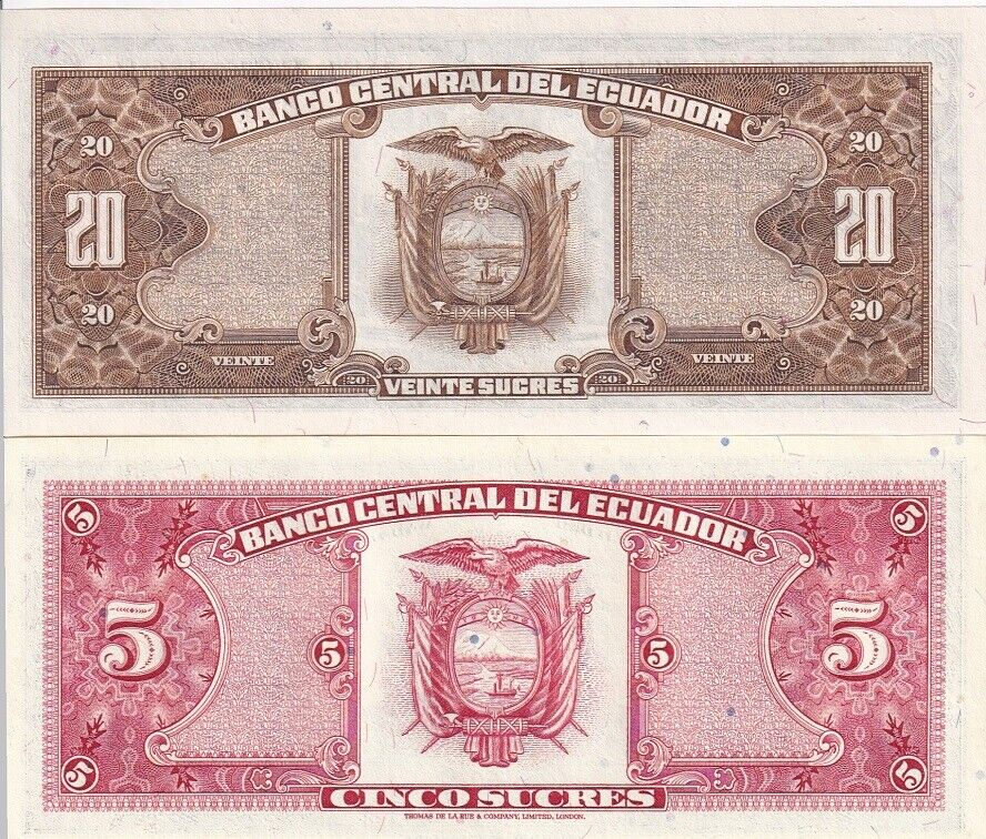 Ecuador Set 2 Pcs 5 20 Sucres 1998 P 113 P 121A UNC