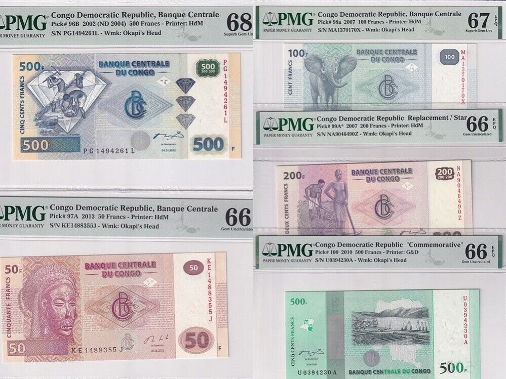 Congo Set 5, 50 -500 F. 2004-2010 P 96B - P 100 Superb Gem UNC PMG 66 67 68 EPQ
