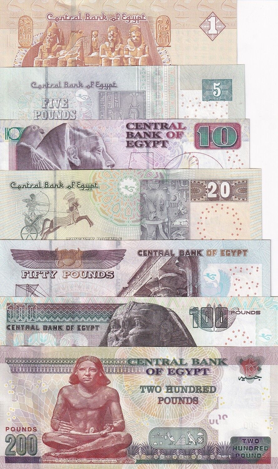 Egypt Set 7 Pcs 1 5 10 20 50 100 200 Pounds 2017 - 2022 P 71 P 72- P 77 UNC