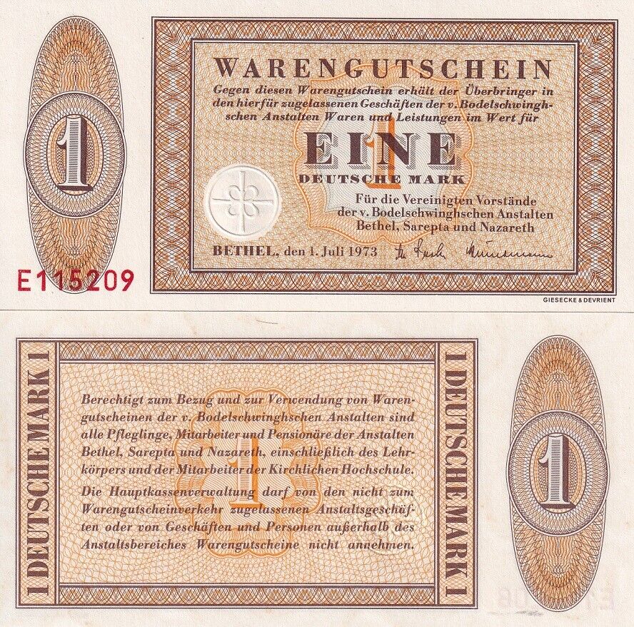 Germany 1 mark Bethel Warengutschein 1973 UNC