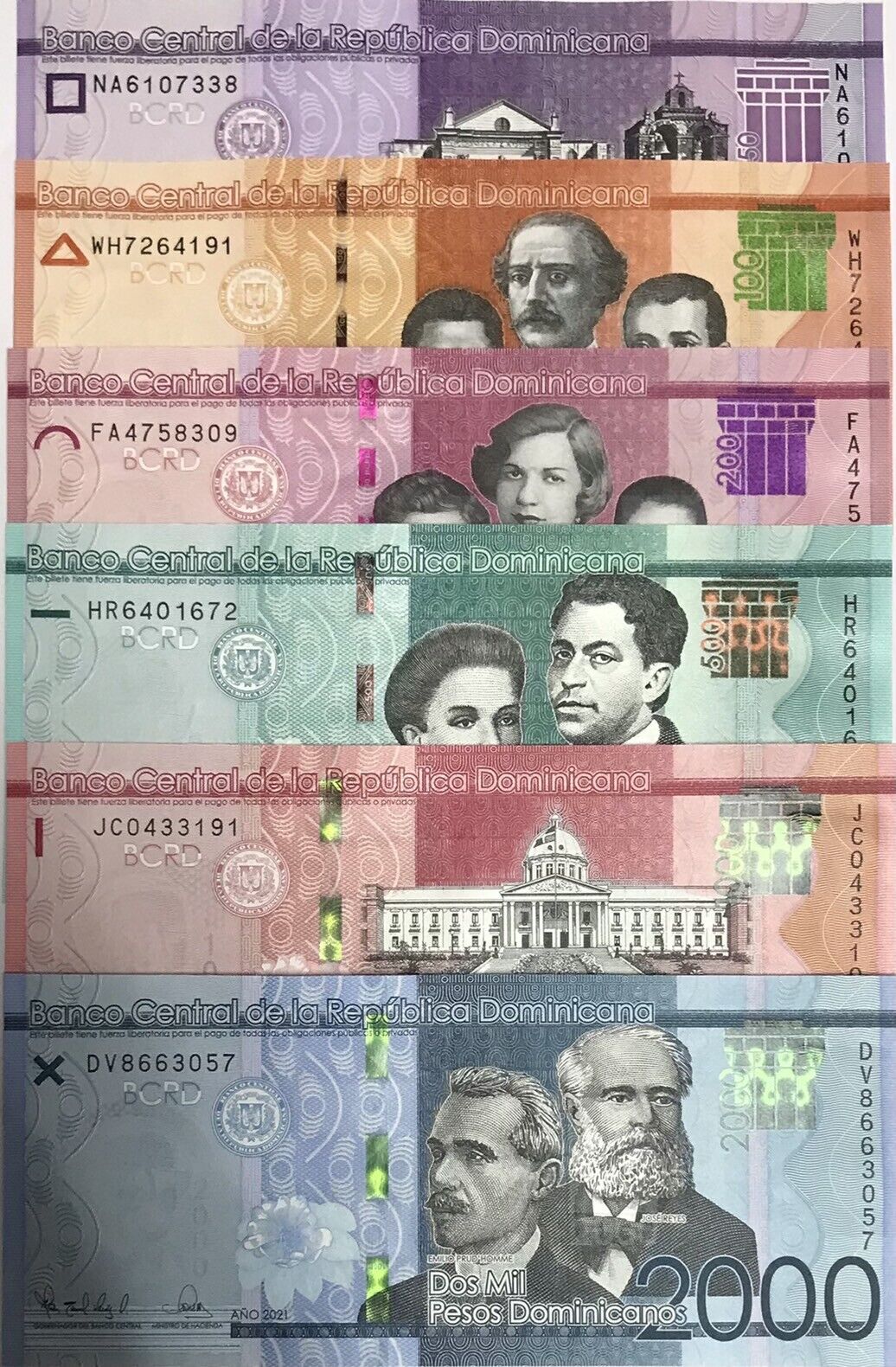 Dominican Republic Set 6 PCS 50 100 - 2000 Pesos 2017 2021 P 189 190 - P 194 UNC