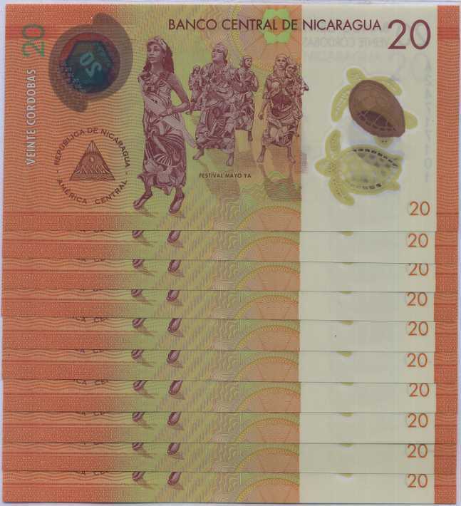 Nicaragua 20 Cordobas 2014 P 210 Polymer UNC Lot 10 Pcs