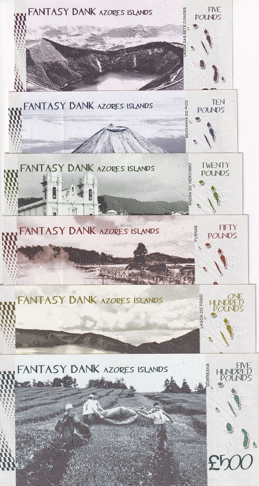 Azores Island Set 6; 5 10 20 50 100 500 Pounds 2019 SETE CIDADES PICO GORREANA