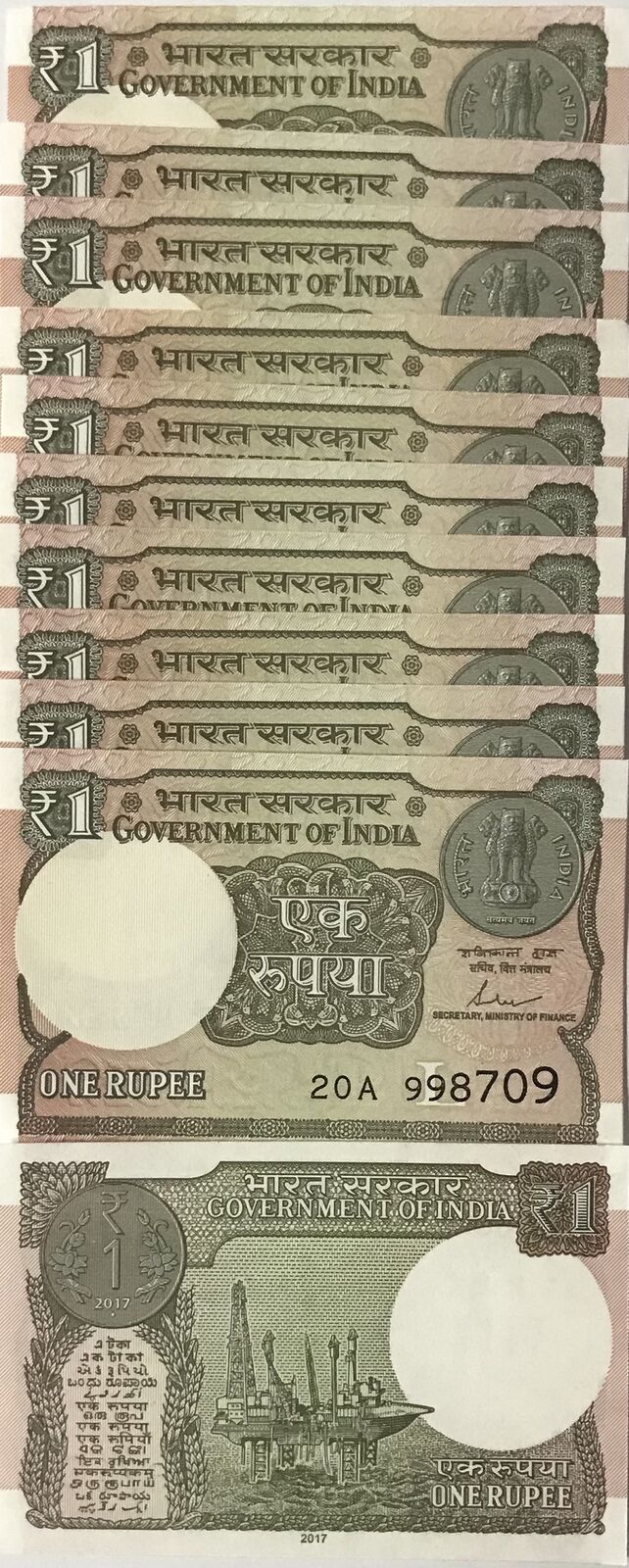 India 1 Rupee 2017 P 117 c UNC LOT 10 PCS