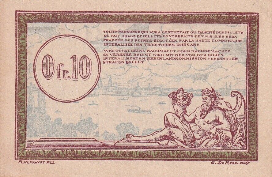 France 0.10 Franc Occupied German ND 1923 P R2 UNC Yellow Tone