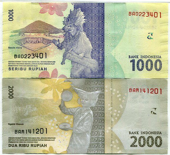 Indonesia SET 2 PCS 1000 2000 Rupiah Random Date P 154 155 UNC