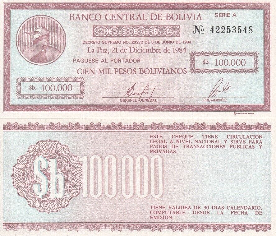Bolivia 100000 Pesos Bolivianos 1984 P 188 UNC