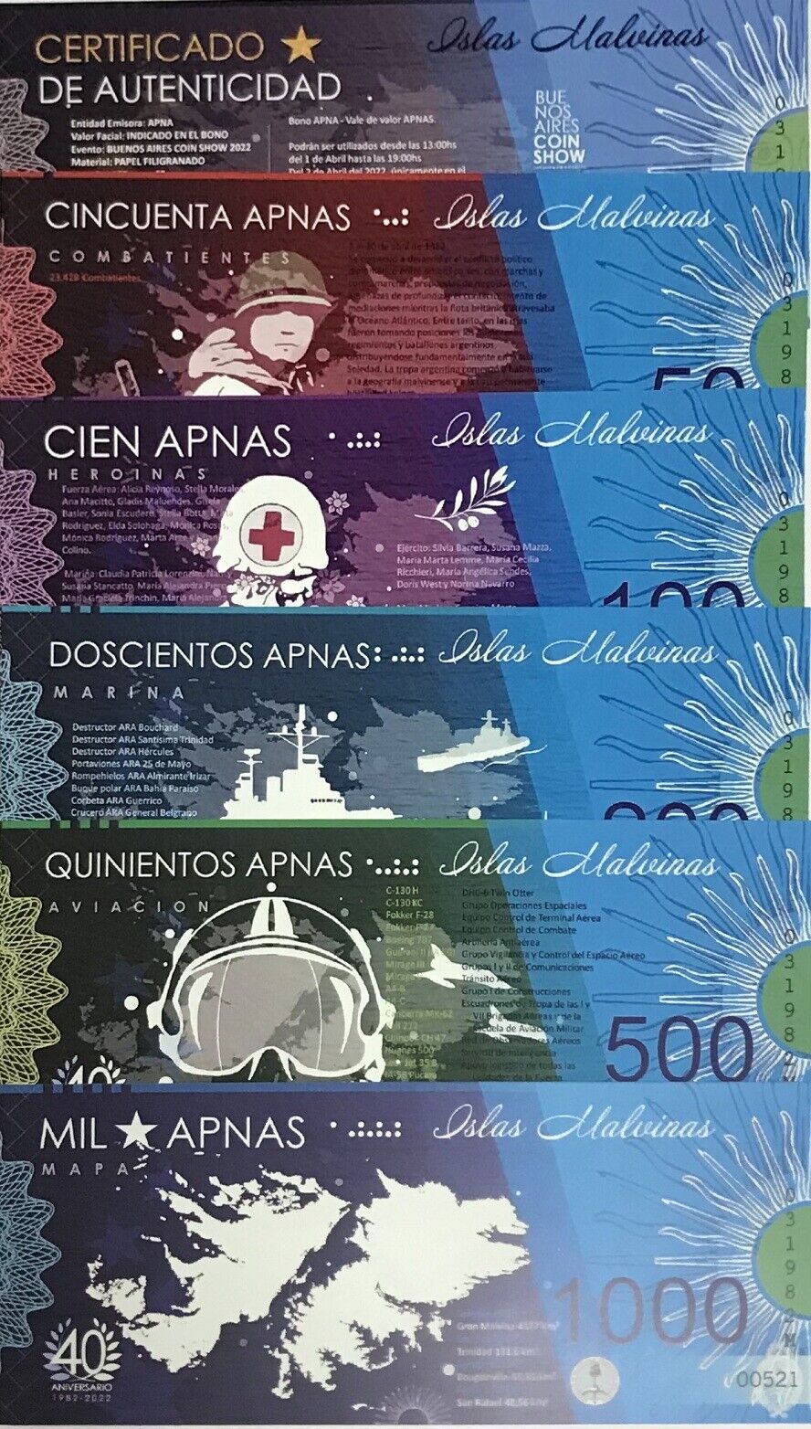 Islas Makvubas Set 6 pcs 50 100 200 500 1000 CERTIFICATE 40TH 1982-2022