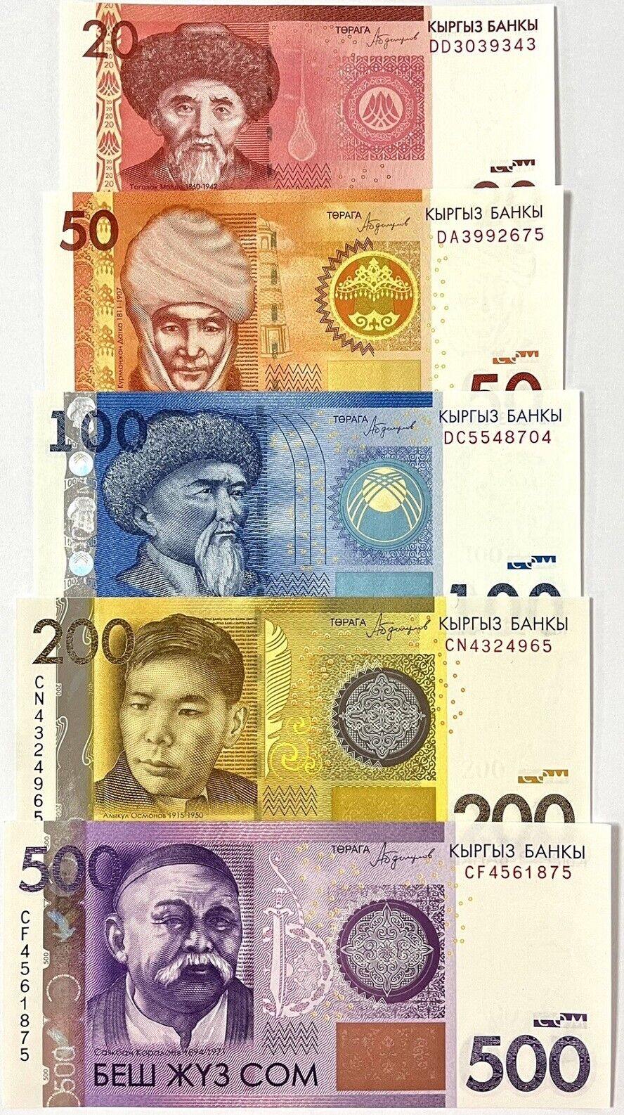 Kyrgyzstan Set 5 Pcs 20 50 100 200 500 Som 2016 P 24 25 P 26 P 27 P 28 UNC