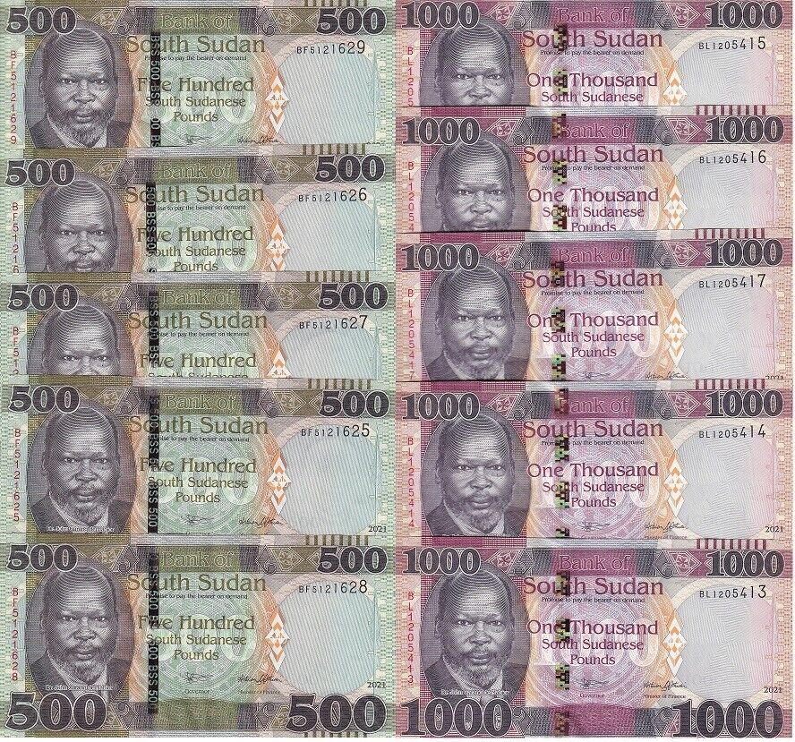 South Sudan Set 2 UNC 500 1000 Pounds 2021 P 16 17 New Sign Lot 5 Set = 10 Pcs