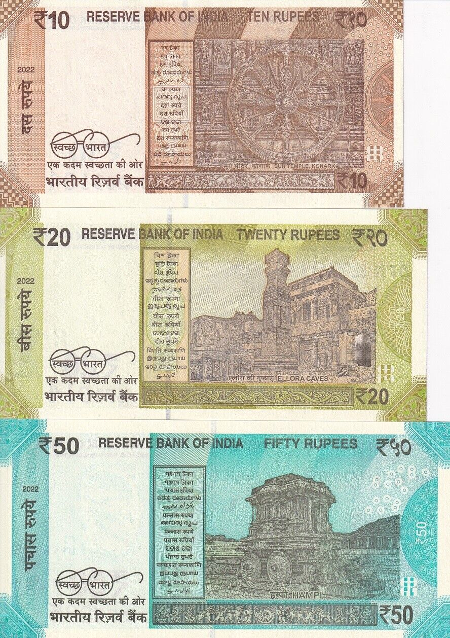 India Set 3 PCS 10 20 50 Rupees Mixed Year P 109 110 111 UNC
