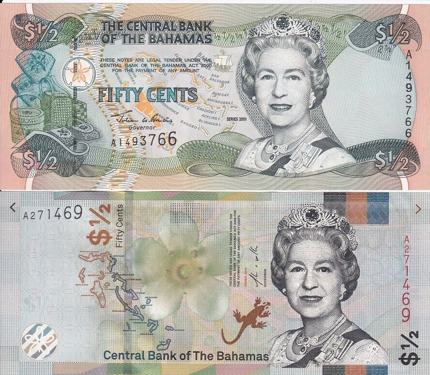 Bahamas Set 2 Pcs 1/2 1/2 Dollar 2001 2019 P 68 P 76Aa UNC