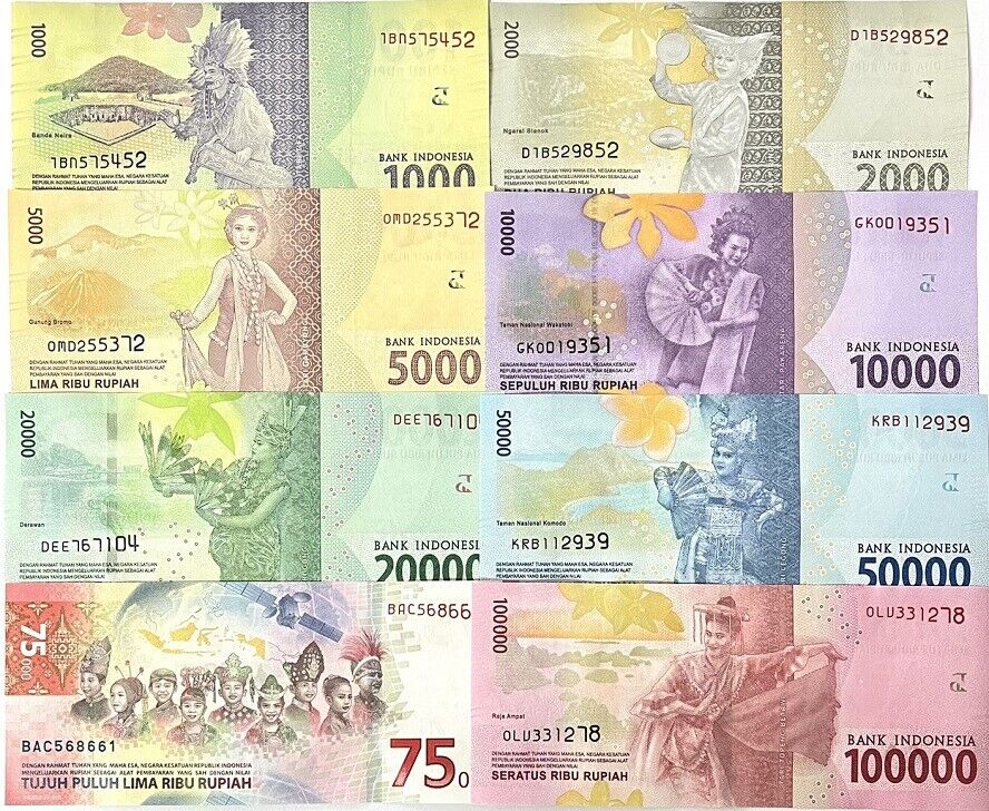 Indonesia Set 8 UNC 1000 2000 5000 10000 20000 50000 75K Random Date P 154-161