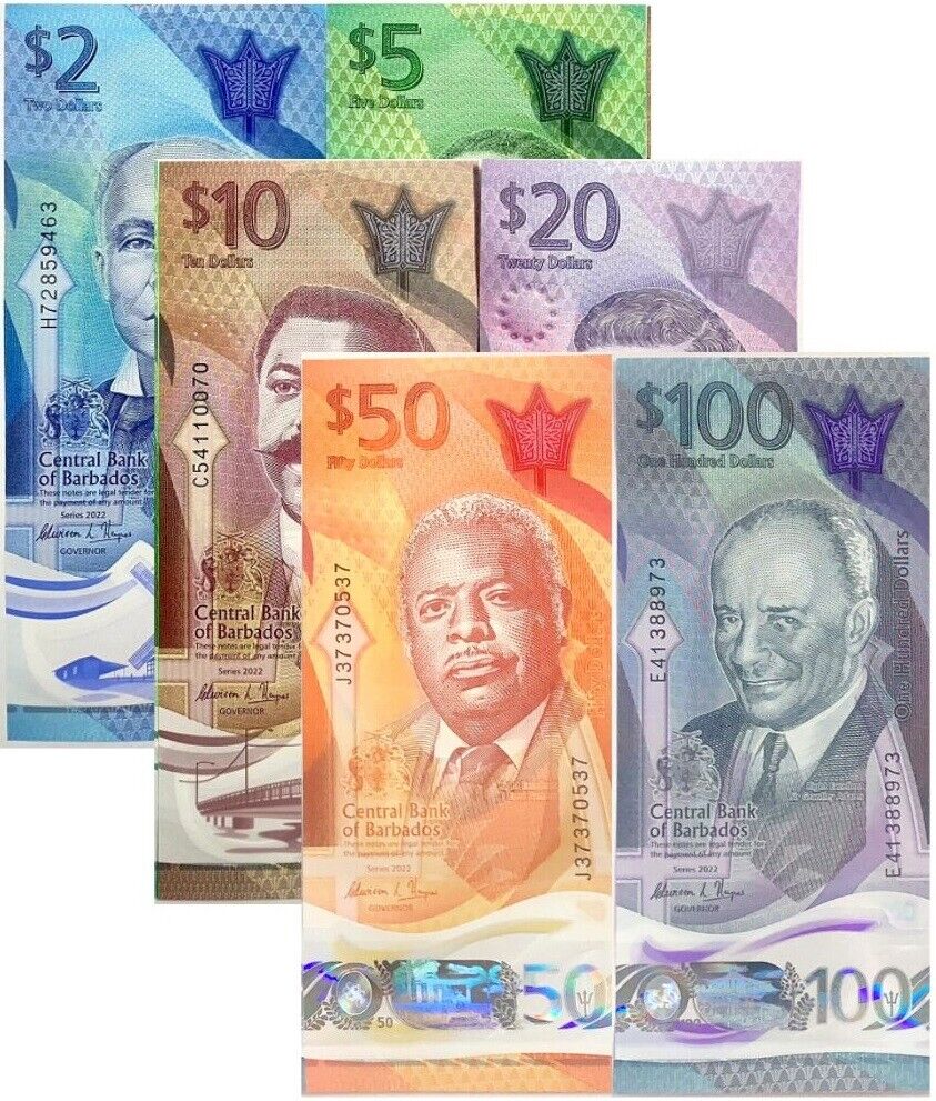 Barbados SET 6 Pcs 2 5 10 20 50 100 Dollars 2022 Polymer P 80 81 82 83-85 UNC