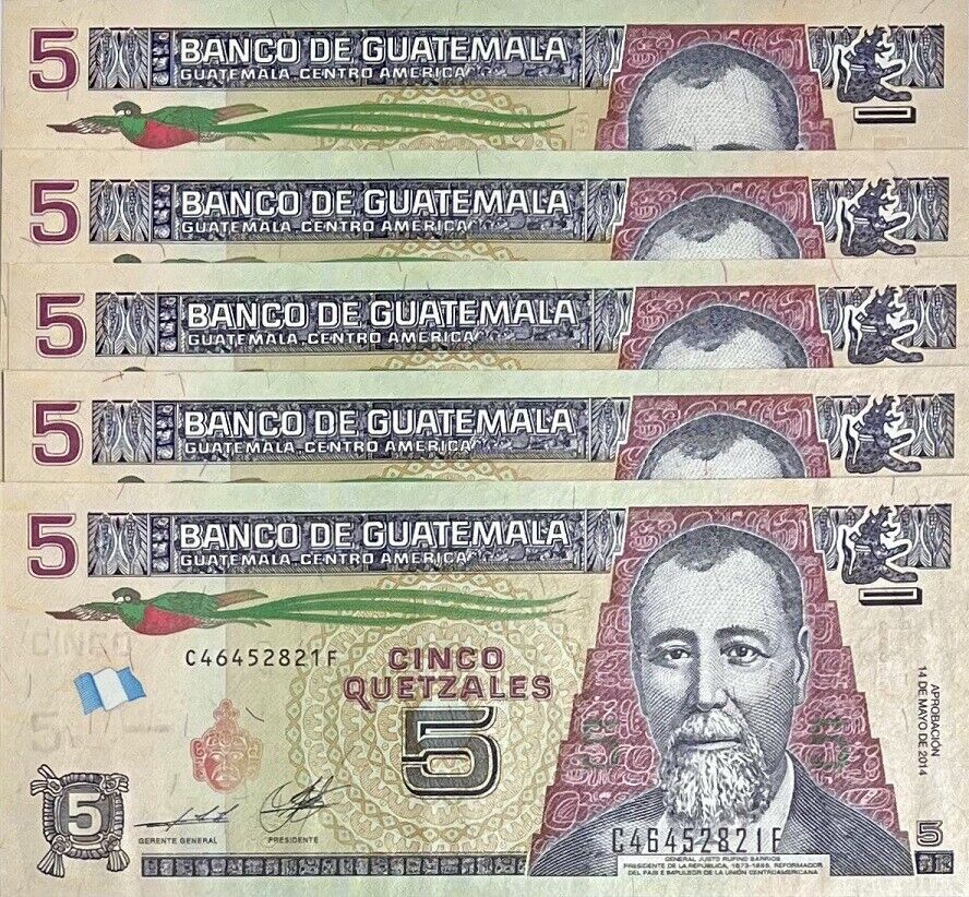 Guatemala 5 Quetzales 2014 P 122A UNC Lot 5 Pcs