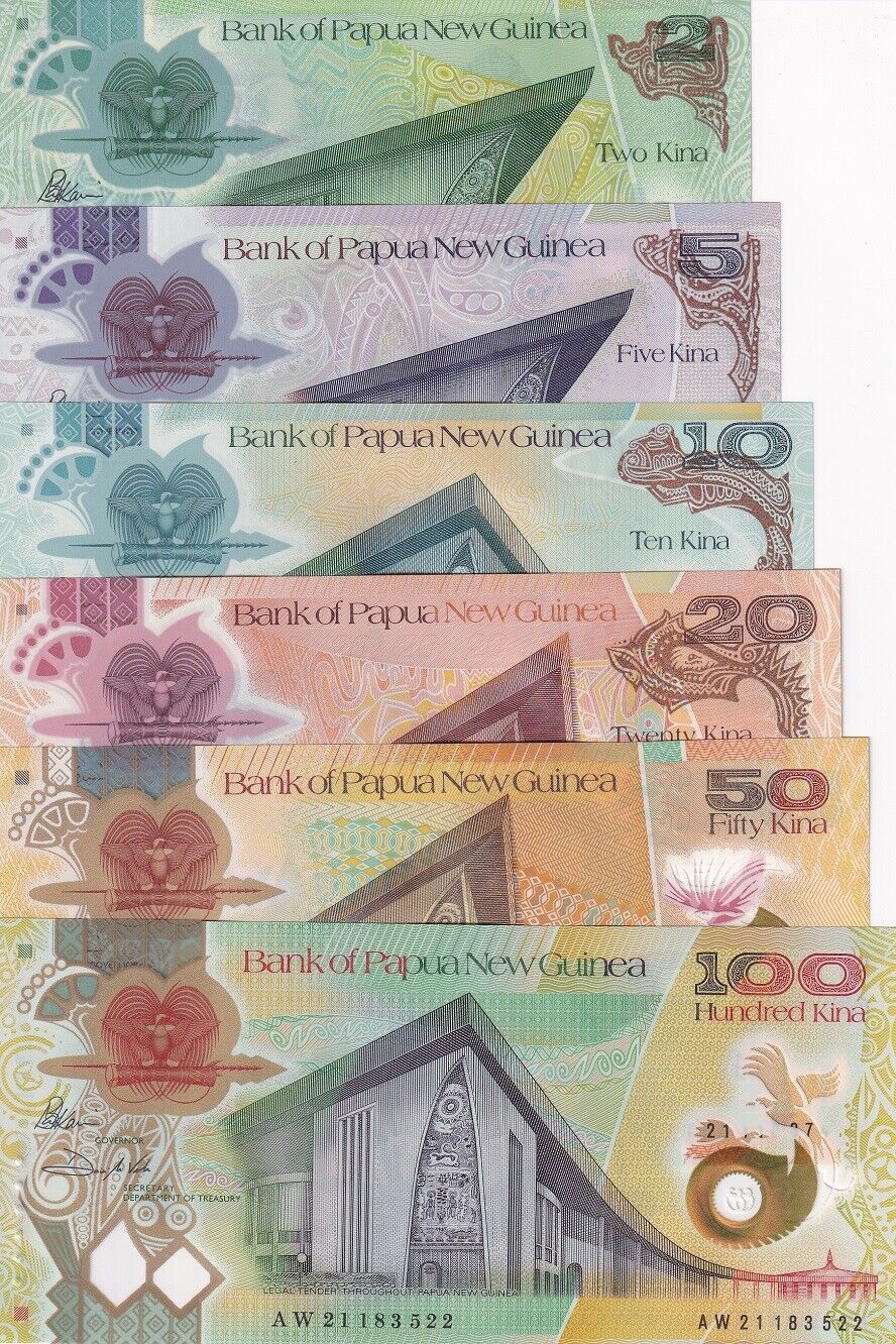 Papua New Guinea Set 6 UNC 2 5 10 - 100 KINA 2019-2021 P 50 51 52 53 54 P 55