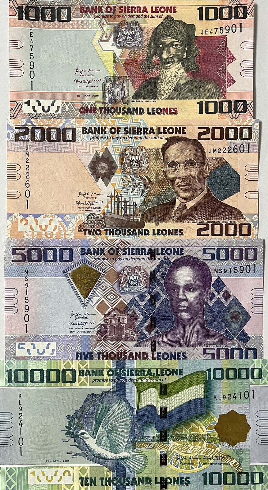 Sierra Leone Set 4 UNC 1000 2000 5000 10000 Leones 2020 2021 P 30 31 32 33
