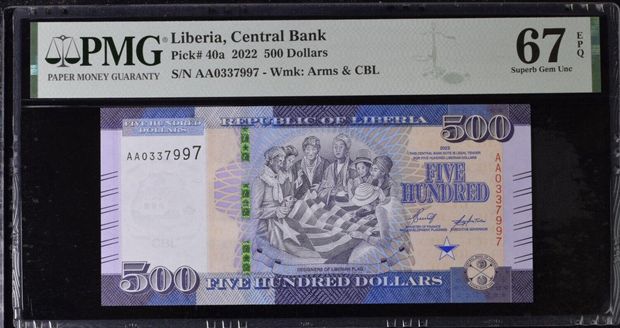 Liberia 500 Dollars 2022 P 40 a Superb Gem UNC PMG 67 EPQ TOP POP