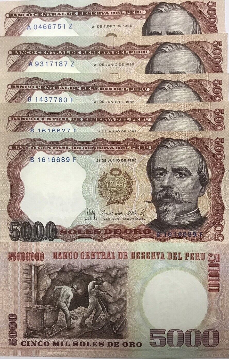 Peru 5000 Soles de Oro 1985 P 117 C XF LOT 5 PCS