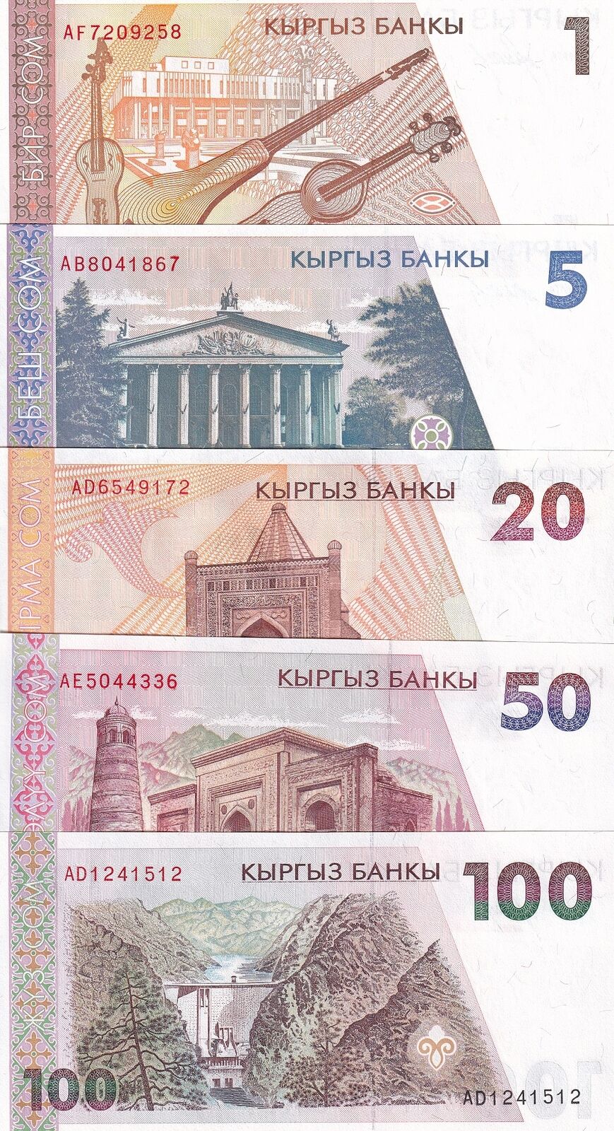 Kyrgyzstan Set 5 PCS 1 5 20 50 100 Som ND 1994 P 7 8 10 11 12 UNC