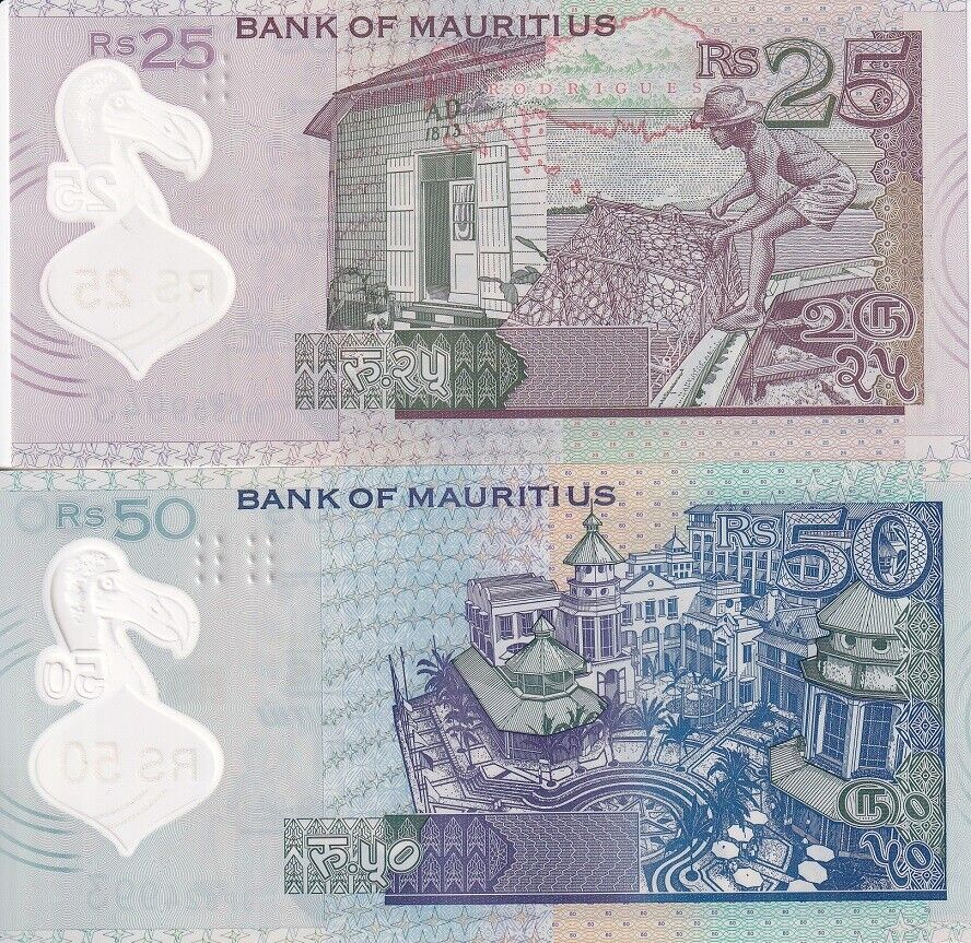 Mauritius SET 2 PCS; 25 50 Rupees 2021 P 64 P 65 NEW Sign Polymer UNC