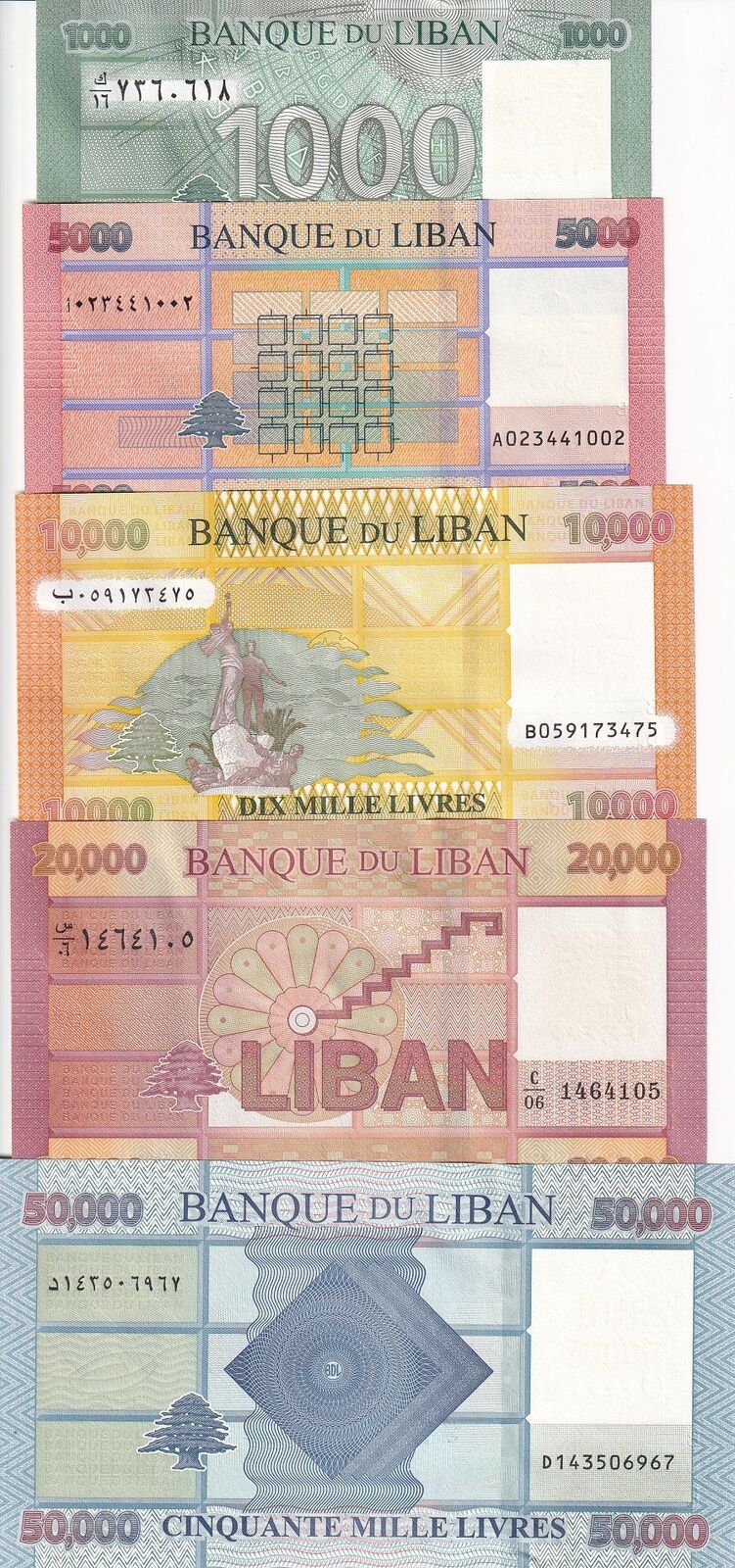 Lebanon Set 5 Pcs 1000 - 10000 20000 50000 LIVRES 2016-2021 P 90 91 92 93 94 UNC