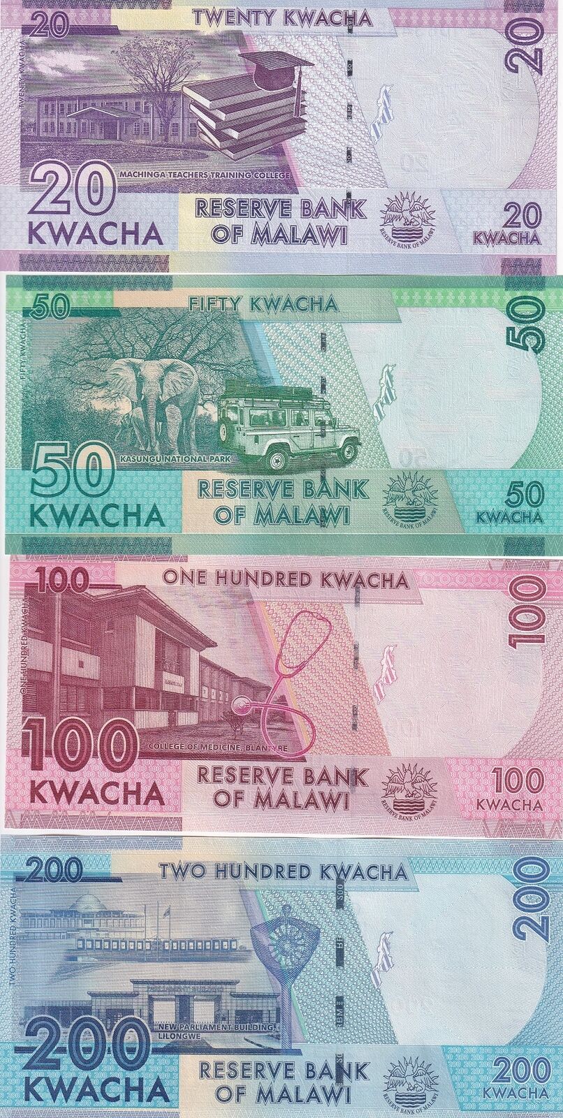 Malawi Set 4 Pcs 20 50 100 200 Kwacha Random Date P 60 P 63 P 64 P 65 UNC