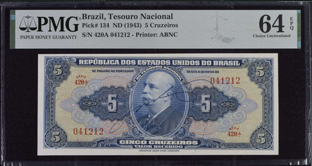 Brazil 5 Cruzeiros ND 1943 P 134 Choice UNC PMG 64 EPQ