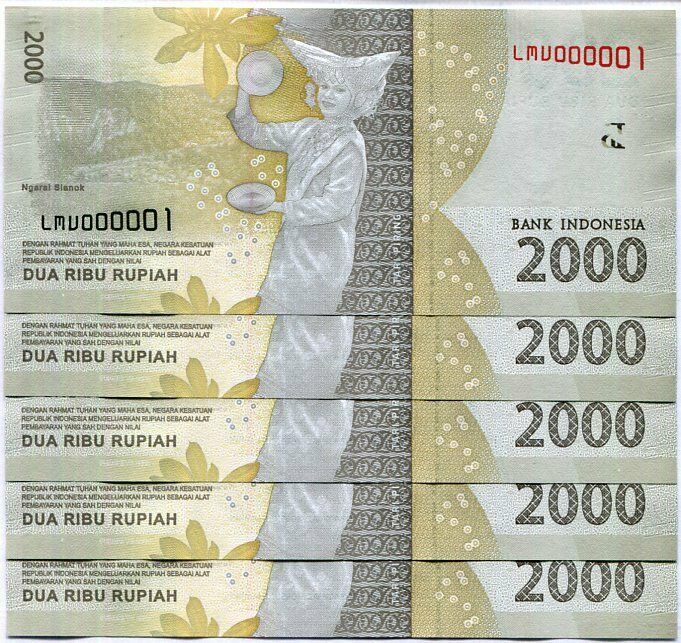 Indonesia 2000 Rupiah Random Year P 155 Low 2 Digit Number 0000XX UNC Lot 5 PCS