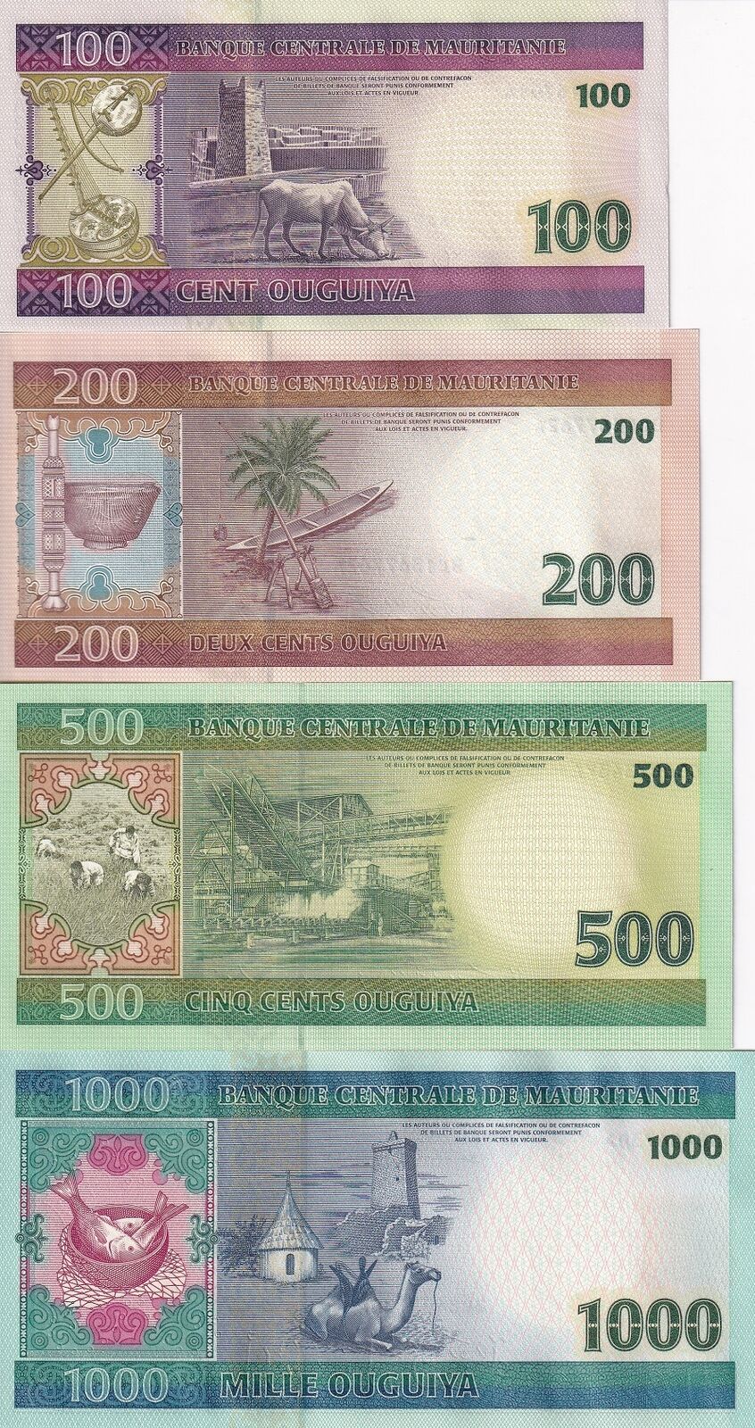 Mauritania Set 4 PCS 100 200 500 1000 Ouguiya 2004-2006 P 10 11 12 P 13 UNC