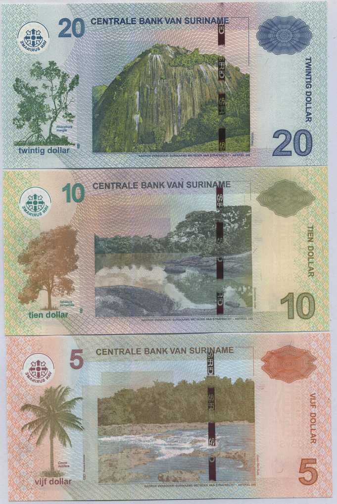 Suriname Set 3 Pcs 5 10 20 Dollars Random Date & Sign P 162 163 164 UNC