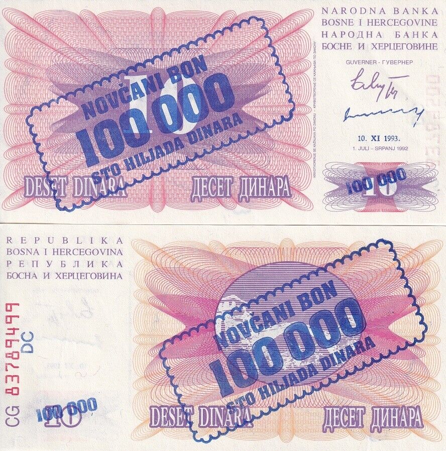 Bosnia 100000 on 10 Dinara 1993 (1992) P 34 b UNC LOT 10 PCS