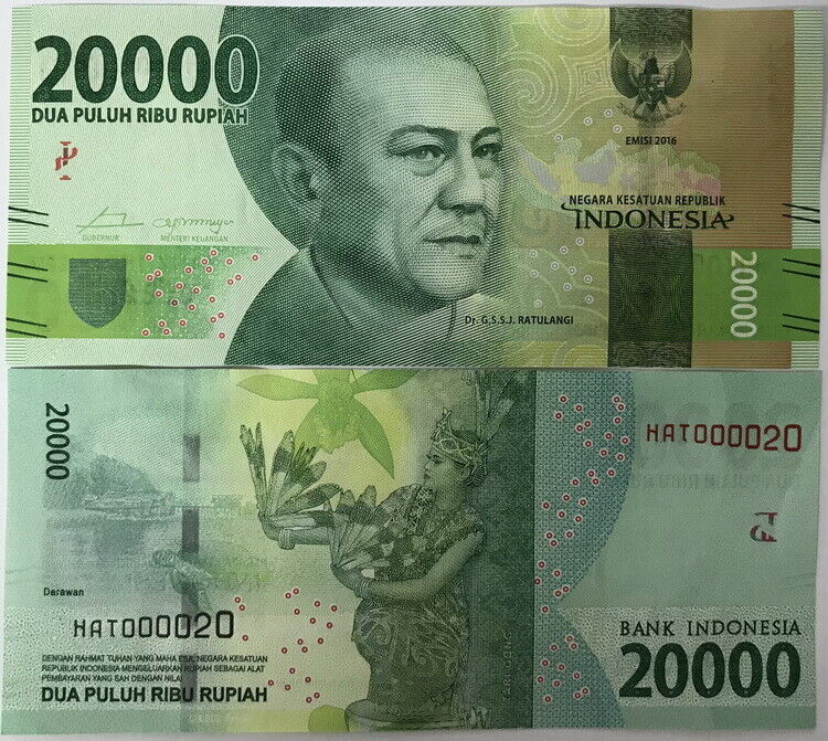 Indonesia 20000 Rupiah 2016 P 158 Double Digit # 20 AUnc