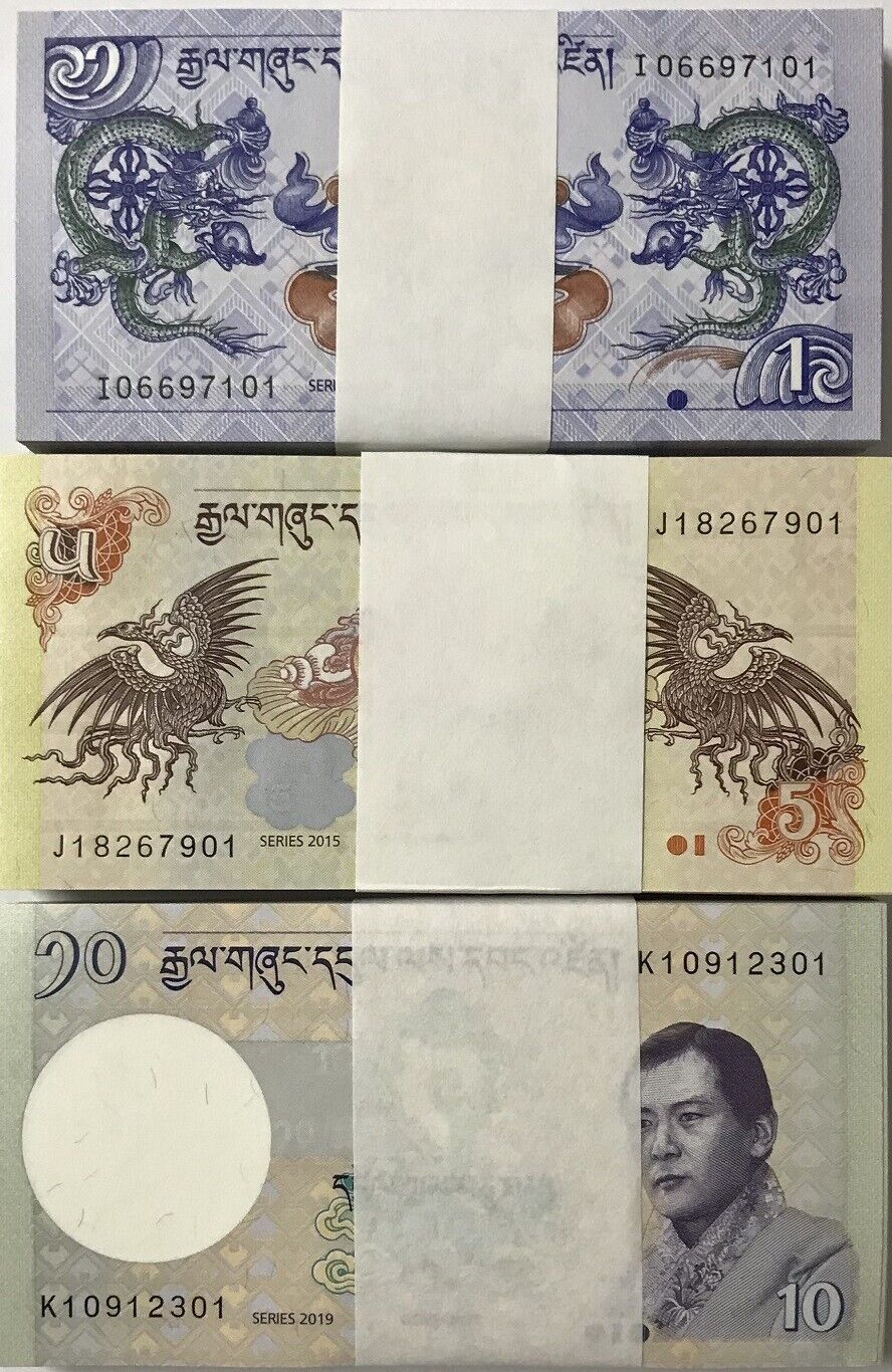 Bhutan Set 3 x 100 UNC 1 5 10 Ngultrum 2013-2019 p 27 28 29 = Lot 3 Bundles